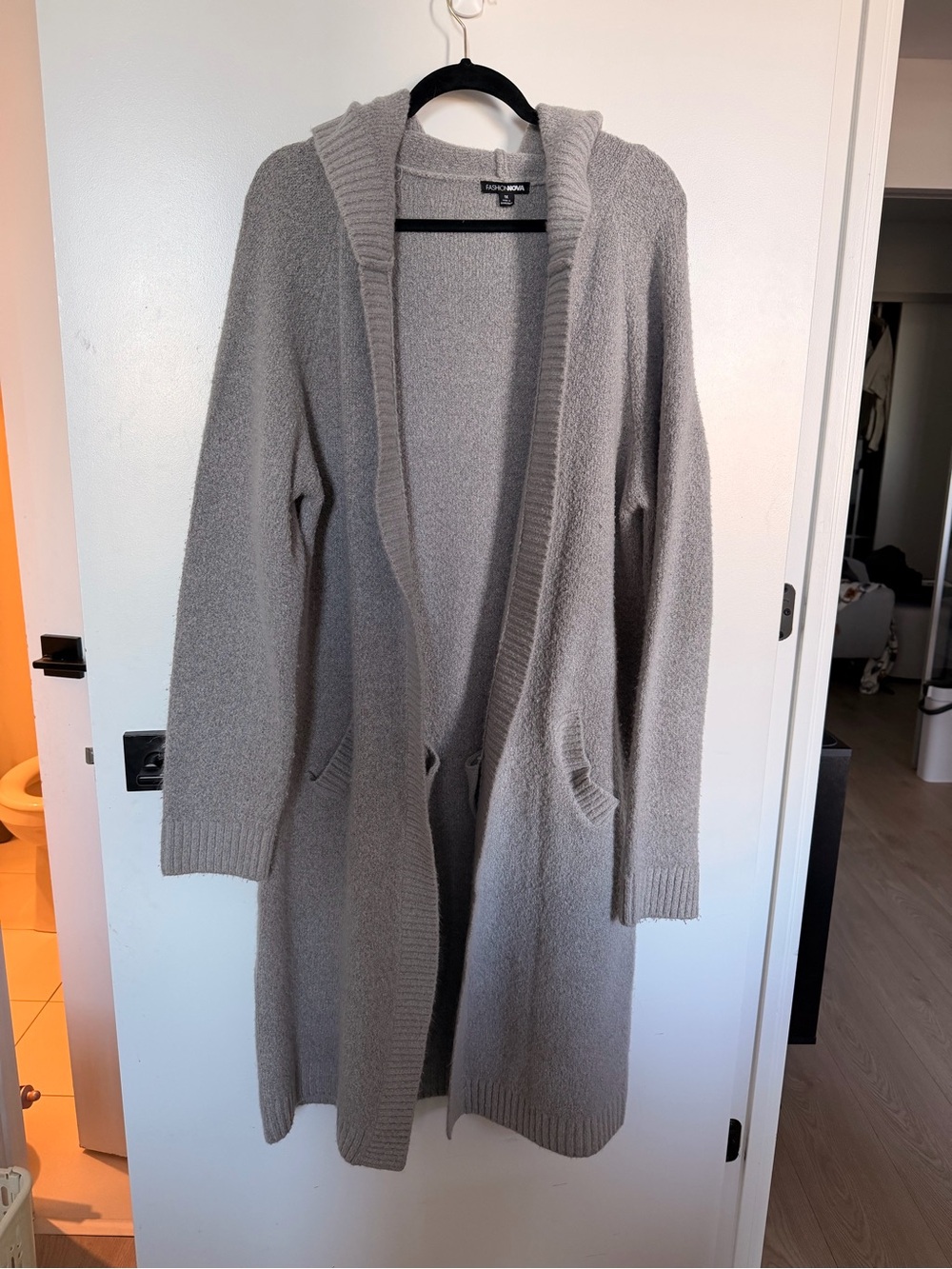 Fashion Nova Hooded Long Knit Cardigan in Light Gray